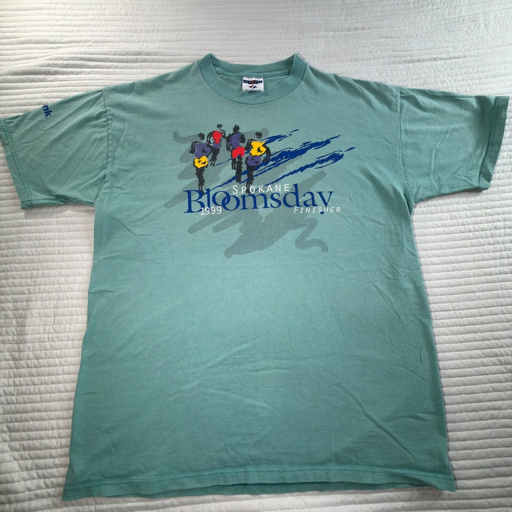 Jerzees T-Shirt Mens Large Teal Excellent 1999 Spokane Bloomsday Finisher Vtg